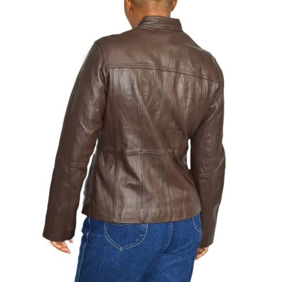 Chicos Leather Jacket Brown Cafe Racer Biker Pockets Zippered Size Small Davita - Picture 3 of 15